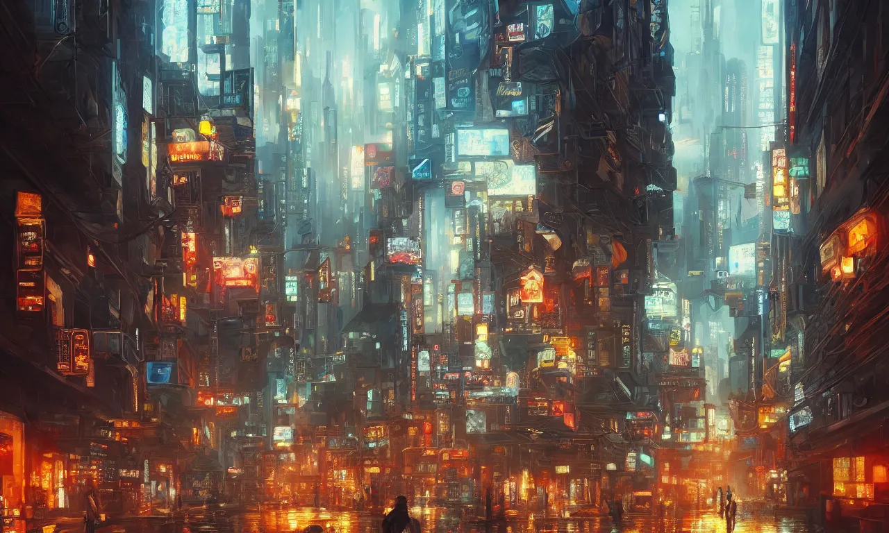 Image similar to an epic painting of the city street, oil on canvas, cold colors, perfect composition, golden ratio, beautiful detailed, photorealistic, digital painting, artstation, concept art, smooth, sharp focus, illustration, cyberpunk background, artstation trending, octane render, unreal engine