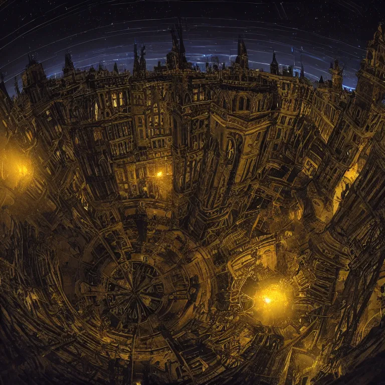 Prompt: An 18th century (lovecraftian) gothic city at night with a star filled sky. Greasy luminescent cables are emerging from cracks on the ground. Low angle shot, super wide shot, fish eye, 4k.