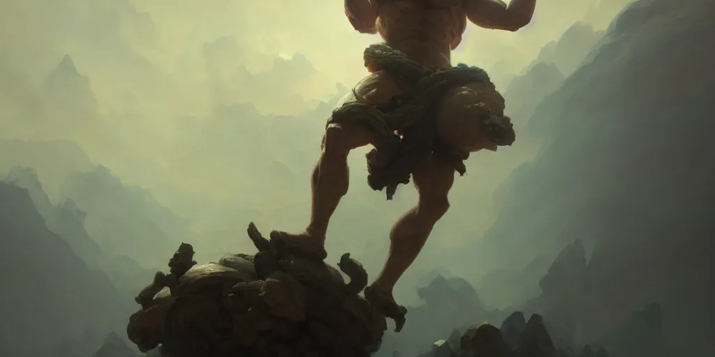 Image similar to atlas carrying the earth on his shoulders, greek mythology, extremely detailed digital painting, in the style of fenghua zhong and ruan jia and jeremy lipking and peter mohrbacher, mystical colors, rim light, beautiful lighting, 8 k, stunning scene, raytracing, octane, trending on artstation