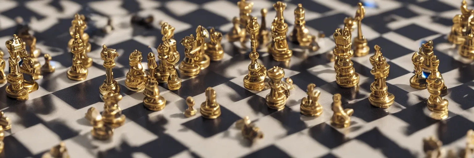 Image similar to cyborg chess pieces on chessboard, studio shot, dark background, photorealistic image, golden hour, low angle shot, very detailed