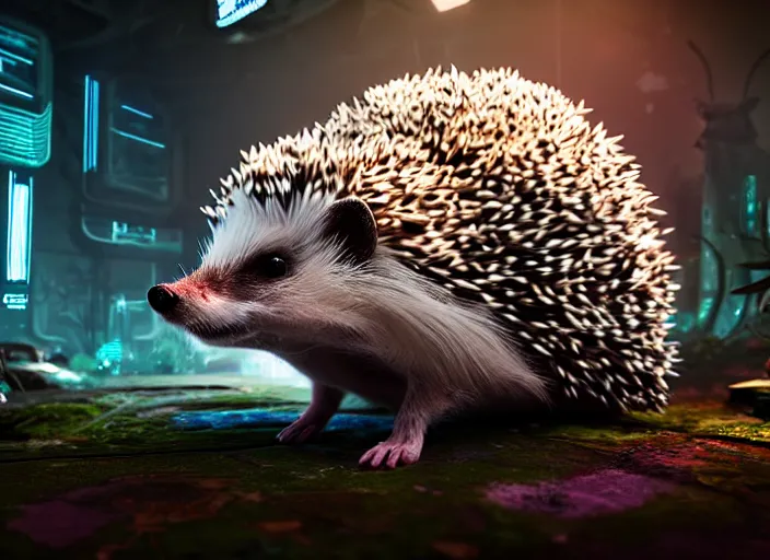 Image similar to portrait of a billy butcher hedgehog, on the background of a weird magical mechanical forest. Very detailed 8k. Fantasy cyberpunk horror. Sharp. Cinematic post-processing. Unreal engine. Nanite. Ray tracing. Parallax. Tessellation