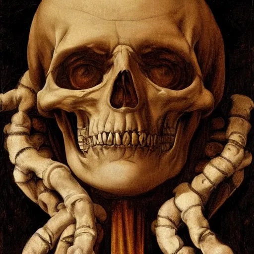 Prompt: a very evil donald trump dark half - god lord king sitting on a throne made out of skulls and bones. high quality. 8 k resolution. hybrid artwork by leonardo da vinci and michelangelo