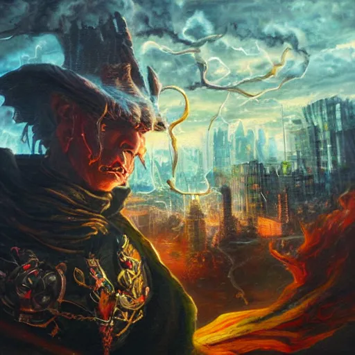 Prompt: photorealistic oil painting of an evil chaotic sorcerer weilding forbidden arcane magic against a city, gritty