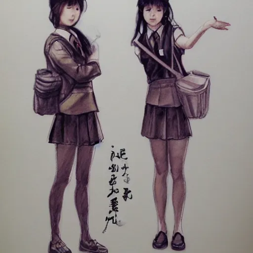 Image similar to a perfect, realistic professional concept sketch of two Japanese schoolgirls posing, in style of Marvel, full length, by pen and watercolor, by a professional American senior artist on ArtStation, a high-quality hollywood-style sketch, on high-quality paper