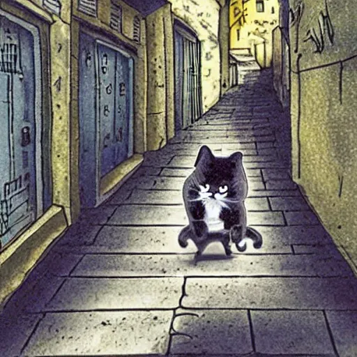 Prompt: Fiendish Phantom Cat lying down in an alleyway. High quality.