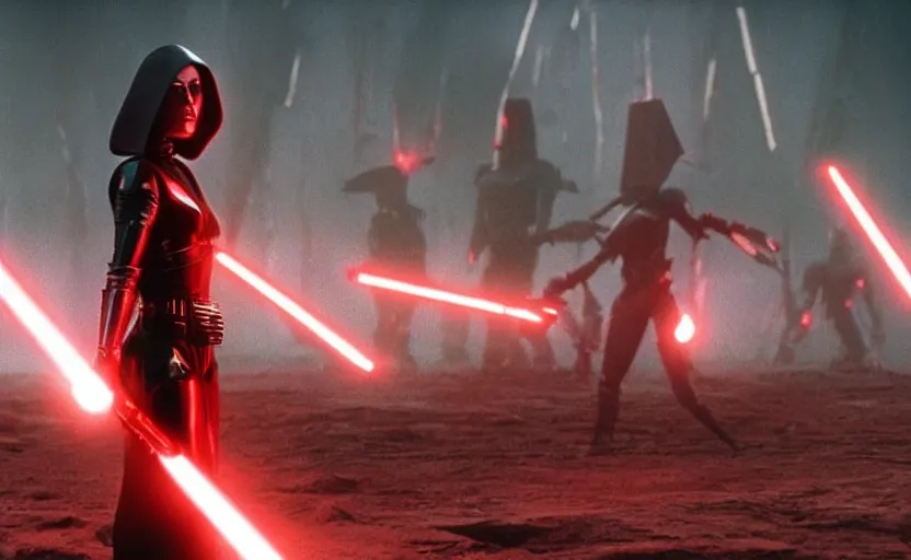 Prompt: a screenshot of a female sith lord design, she is surrounded by dark troopers, red planet, iconic scene from the 1979 film directed by alejandro jodorowsky, shot on anamorphic lenses, cinematography, 70mm film, lens flare, kodak color film stock, ektachrome, immensely detailed scene, 4k