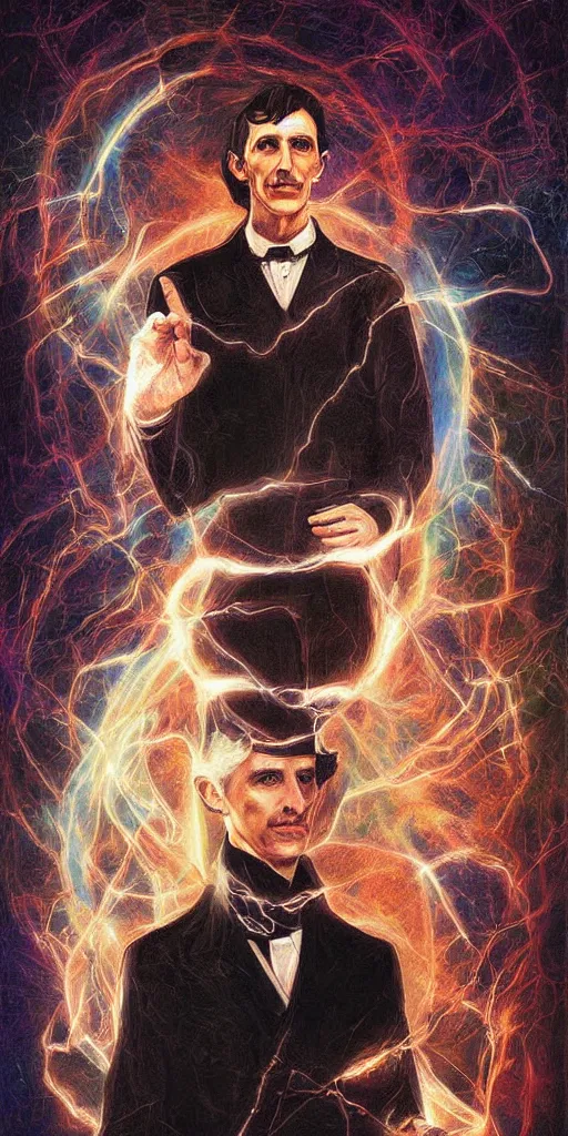 Prompt: nikola tesla holding energy psytrance portrait artwork, by sam spratt