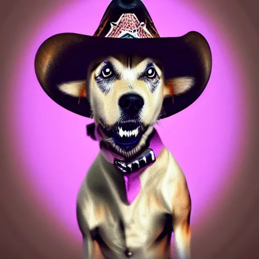 Prompt: a cute dog wearing a cowboy hat,pale colors, in style of deep dream