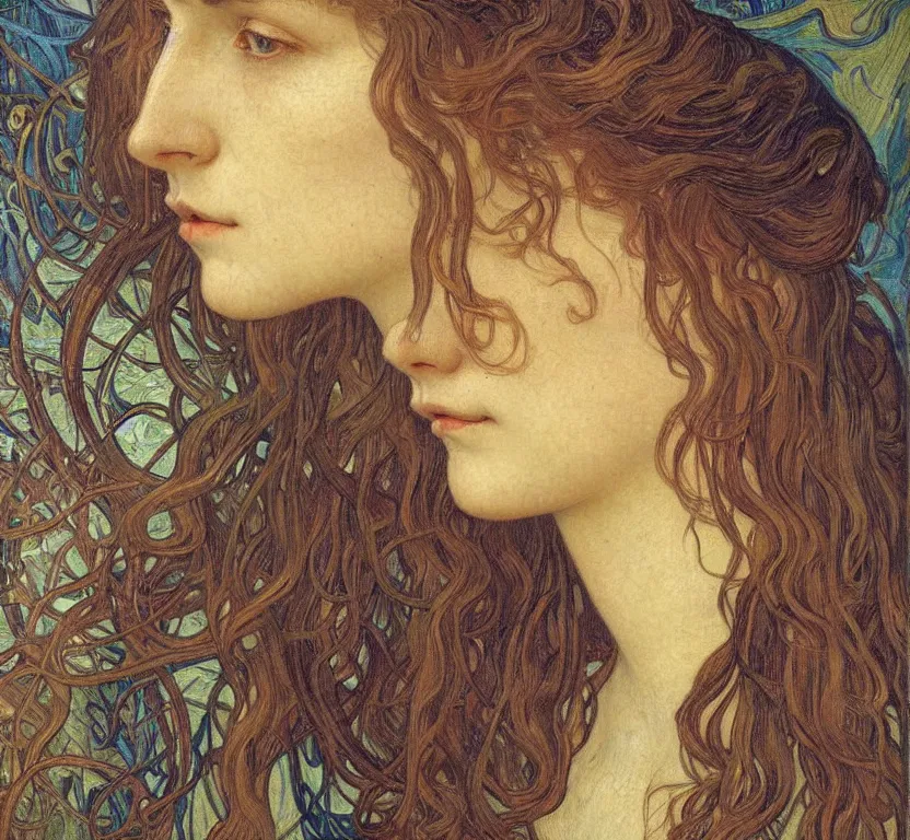 Image similar to detailed realistic beautiful young medieval queen face portrait by jean delville, alphonse mucha, vincent van gogh, and marco mazzoni, art nouveau, symbolist, visionary, gothic, pre - raphaelite