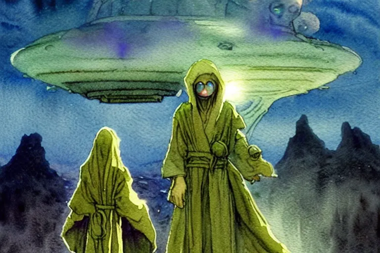 Image similar to a realistic and atmospheric watercolour fantasy character concept art portrait of a short chibi alien wearing robes emerging from the mist on the moors of ireland at night. a ufo is in the sky. by rebecca guay, michael kaluta, charles vess and jean moebius giraud