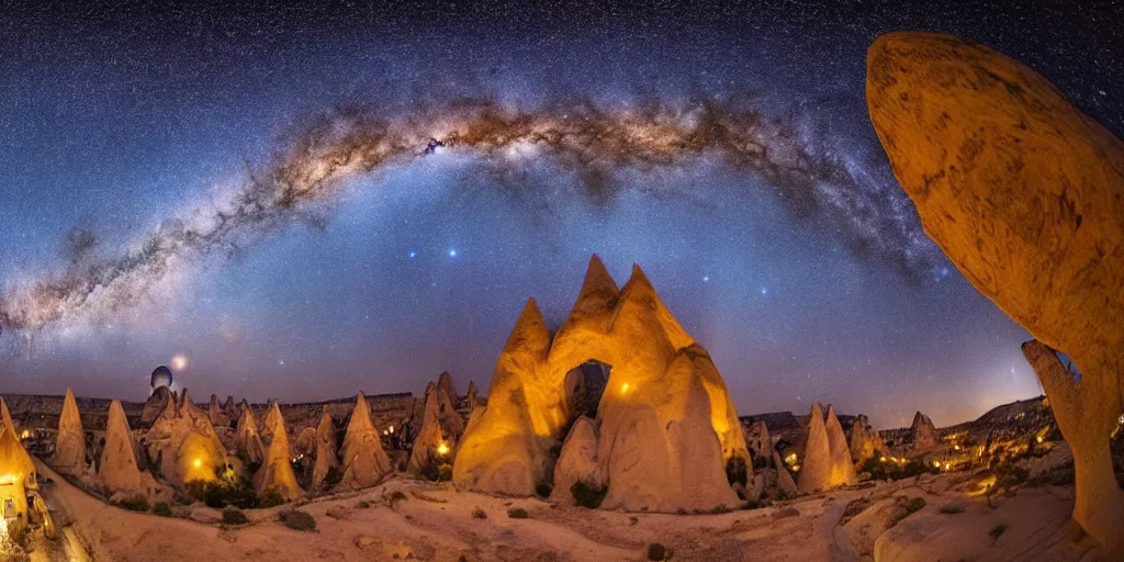 Prompt: a detailed beautiful matte painting of a Cappadocia, Turkey under a starry night sky, by Mikko Lagerstedt and Raphael Lacoste, fisheye lens