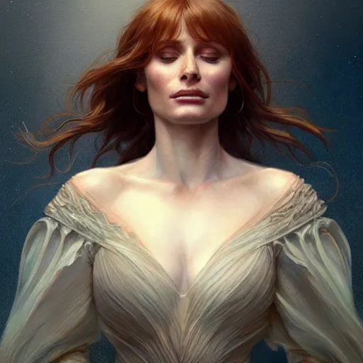 Prompt: beautiful natural Bryce Dallas Howard, intricate, elegant, highly detailed, digital painting, artstation, concept art, smooth, sharp focus, illustration, art by artgerm and greg rutkowski and alphonse mucha and loish and WLOP