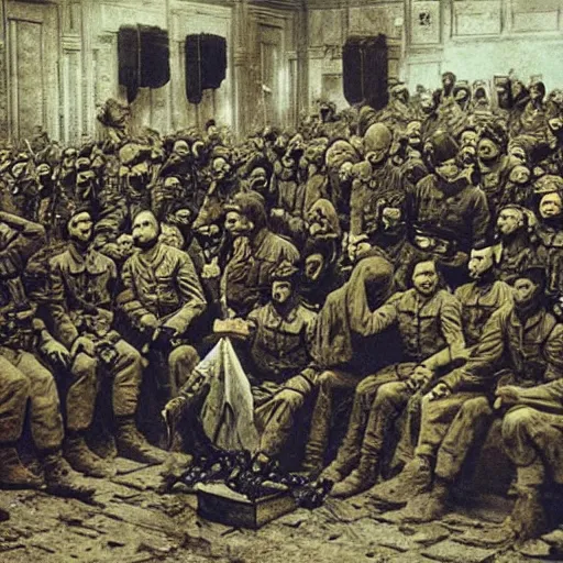 Prompt: A photo of elmo giving the troops a speech after long years of war, suffering, dark, historical moment, emotional, impressive, by Vasily Vereshchagin