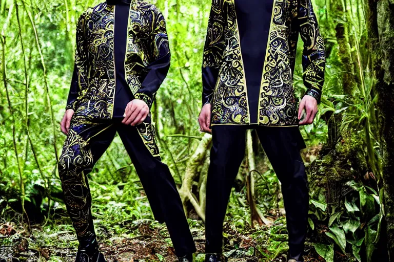 Image similar to versace avant garde male tunics posing in the jungle woods intricate modern choatic textiles streetwear cyberpunk dark cloudy overcast