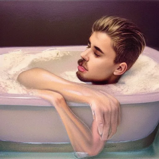 Image similar to justim bieber laying in a bathtub filled with milk, cinematic, cottage core, cinematic focus, polaroid photo bleached vintage pastel colors high - key lighting, soft lights, foggy, by steve hanks, by lisa yuskavage, by serov valentin, by tarkovsky, 8 k render, detailed, oil on canvas