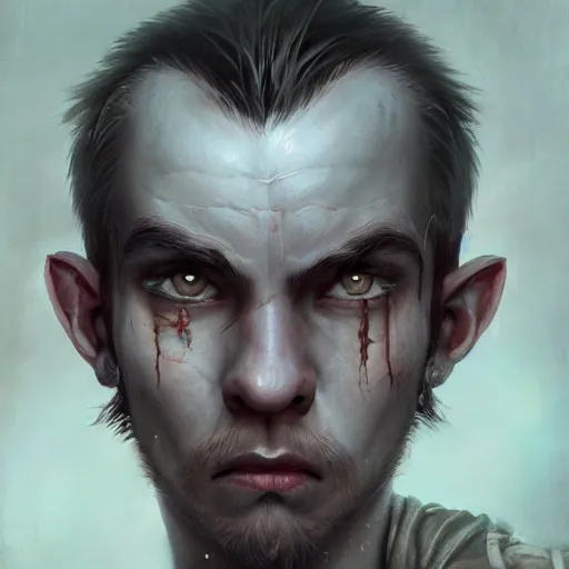 Image similar to a detailed matte head - on portrait painting of an ugly halfling man, with a large scar and missing teeth portrait by charlie bowater, lise deharme, wlop, tending on arstation, dungeons and dragon, dnd, pathfinder, fanart, oil on canvas