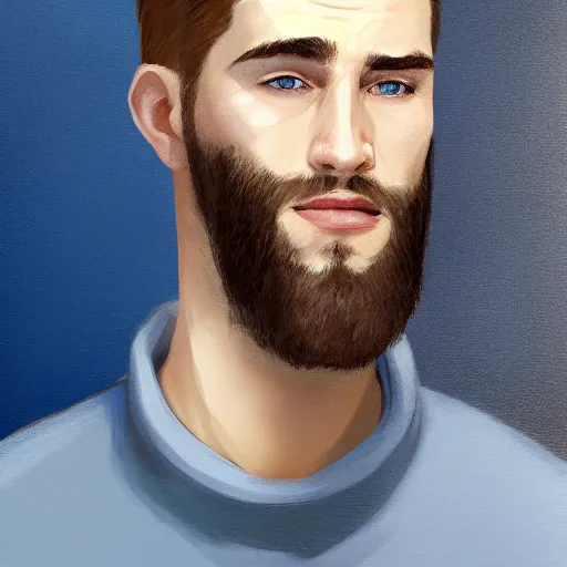 Image similar to tall chunky man in his twenties with brown blond short regular haircut and round facial structure with cleft chin, straight eyebrows, big grey blue eyes, happy, slightly set back jaw, cheekbones, straight nose, wider face, slight shadow of beard, atmospheric lighting, painted, intricate, 4 k, highly detailed by charlie bowater