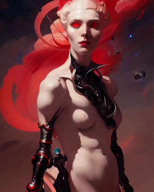 Image similar to masterpiece concept art, a beautiful highly detailed sci - fi renaissance lady, confident pose, by peter mohrbacher and jae lee, 8 k, intricate detail, cinematic lighting, red white and black colors