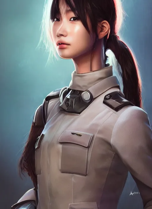 Image similar to portrait of angelababy, futuristic hong kong police uniform girl, au naturel, hyper detailed, digital art, trending in artstation, cinematic lighting, studio quality, smooth render, unreal engine 5 rendered, octane rendered, art style by klimt and nixeu and ian sprigger and wlop and krenz cushart