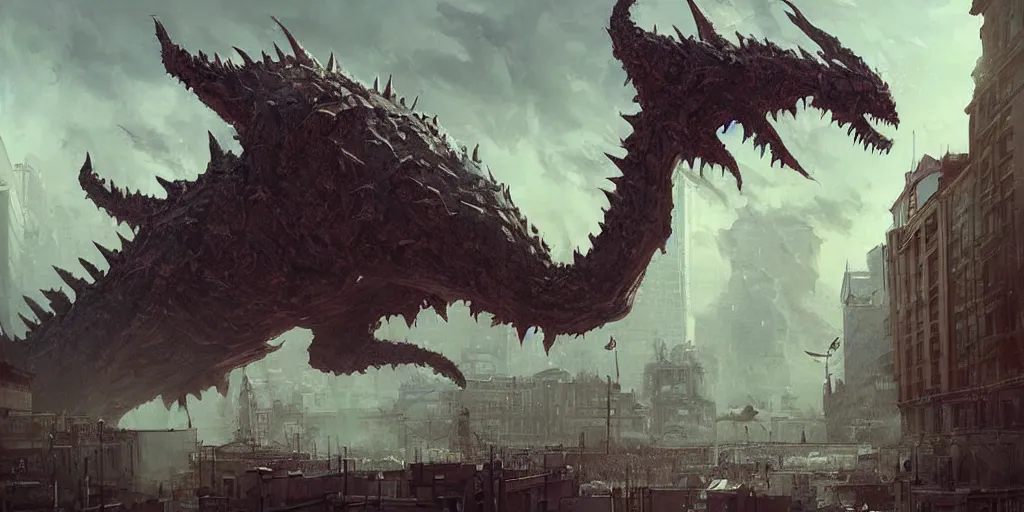 Image similar to kaiju attack in budapest painting, greg rutkowski, detailed, cinematic