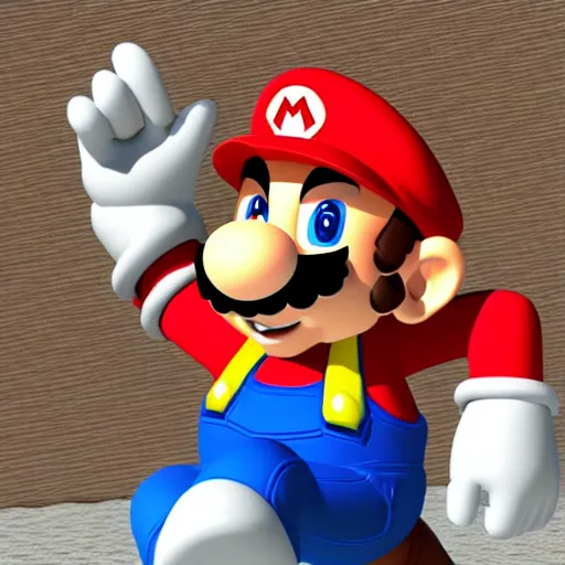 Prompt: mario in 3 d style working at a real life store