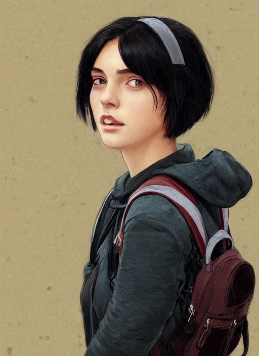 Prompt: Close-up portrait of kind young woman with short black hair in a bob cut, with a backpack, very dirty face, transparent background, png, highly detailed, digital painting, artstation, concept art, sharp focus, illustration, art by artgerm and greg rutkowski and alphonse mucha