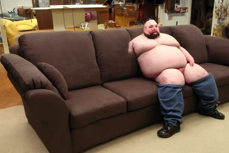 Prompt: 6 0 0 pound dwarf fusing to his couch