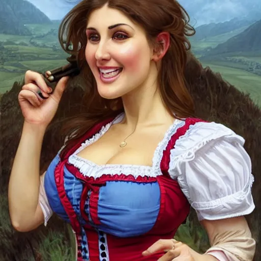 Prompt: portrait of Lucy Pinder in a dirndl, looking at camera, D&D, intricate, elegant, stylish, cute smile, mouth slightly open, fantasy, extremely detailed, digital painting, artstation, concept art, smooth, sharp focus, illustration, stunning lighting, art by artgerm and greg rutkowski and alphonse mucha and simon stalenhag.