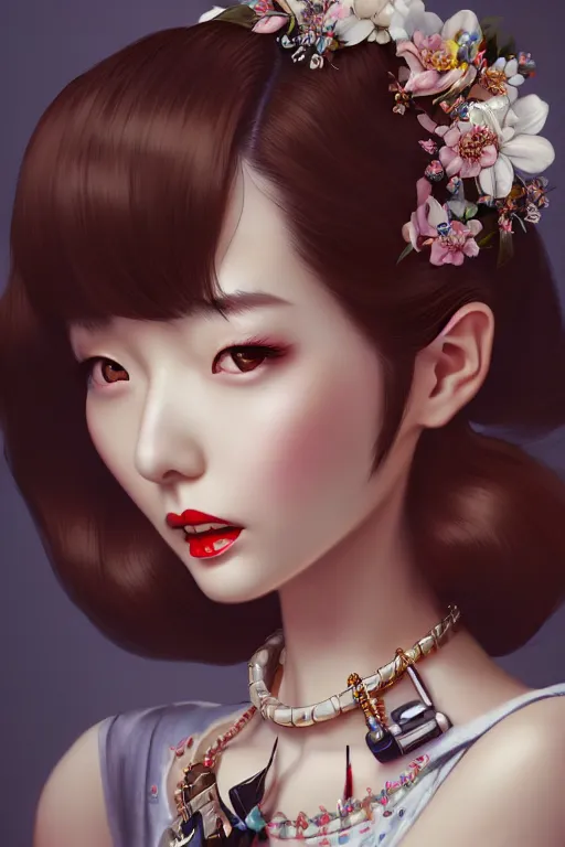 Image similar to a pin up and beautiful fashion and charming and dreamlke japan girl with jewelry, art by artgerm & jeehyung lee & wlop, hyperdetailed, 8 k realistic, lv, dior, symmetrical, frostbite 3 engine, cryengine, dof, trending on artstation, digital art, lv, dior