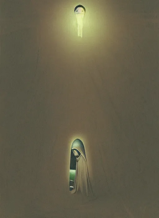 Image similar to A doorway into dunes shows a weeping nun in a flying lantern held aloft by the burning of Aaron\'s Rod Edward Hopper and James Gilleard, Zdzislaw Beksinski, Mark Ryden highly detailed