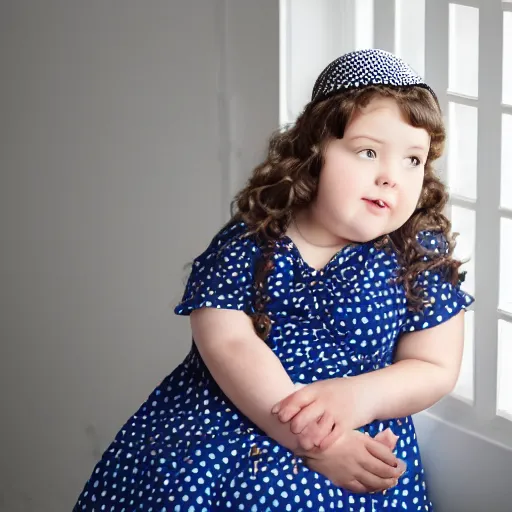 Image similar to charming and chubby girl, wearing a polka dot dress and a victorian - style hairdo on her head, sits in the large and bright studio. sunlight enters through the barred window. very realistic shiny skin. subsurface scattering shiny skin. beautiful lighting, 4 k post - processing, highly detailed, 5 k extremely detailed, 3 d. cinematic scene.