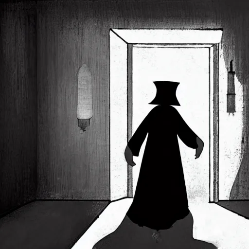 Image similar to the magician with a black robe inside a abandoned house, shadows, lurker, ghibli style