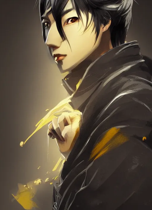 Prompt: a highly detailed illustration of young attractive japanese guy wearing black detective coat, yellow eyes, dramatic standing pose, hyperdetailed perfect face, perfect eyes, intricate, elegant, highly detailed, centered, digital painting, artstation, concept art, smooth, sharp focus, league of legends concept art, wlop.