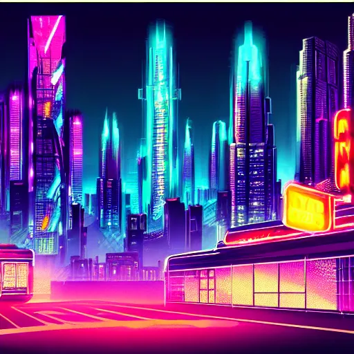 Prompt: a city at night. neon lights, futuristic, hyperrealistic, highly detailed, dramatic, cyperpunk