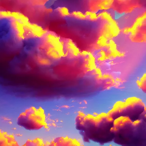 Image similar to puffy clouds, drew struzan style, vfx art, unreal engine render, claymation style, colourful, volumetric light, digital painting, digital illustration, dramatic light,