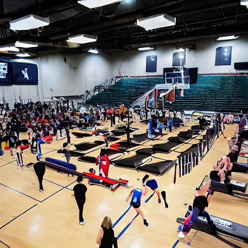 Image similar to a gym full of people preparing themselves for competetive sleeping, sports event, action photography