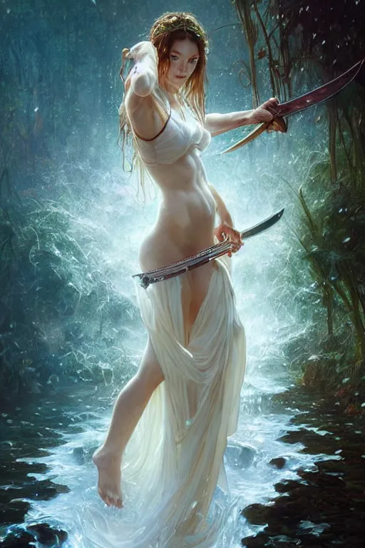 Image similar to portrait of a beautiful woman wearing a white dress, holding a sword, drenched body, wet dripping hair, emerging from the water, fantasy, regal, fractal crystal, fractal gems, by ross tran, stanley artgerm lau, greg rutkowski, thomas kindkade, alphonse mucha, loish, norman rockwell