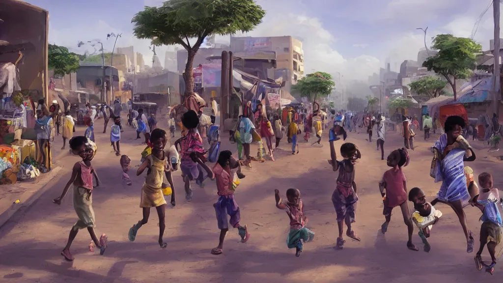 Image similar to street in a big african city, kids playing, summer, david febland, artstation, matte painting