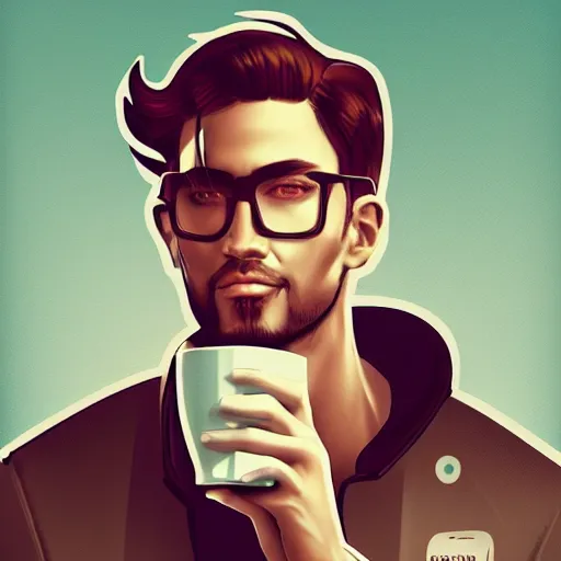 Image similar to portrait of a handsome startup CEO having a cup of coffee. cyberpunk style, digital art artstation cgsociety