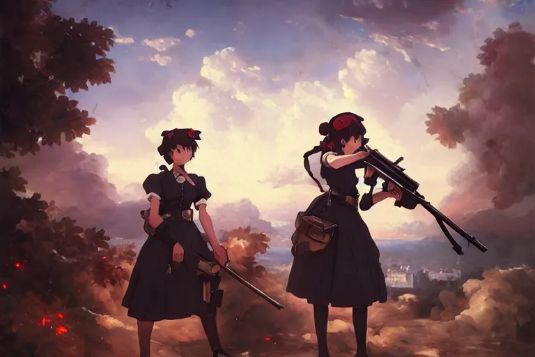 Prompt: baroque oil painting of anime key visual concept art of anime maid committing war crimes with rifle 1 9 4 0 during occupation of france colorized, trending on artstation, brush strokes, oil on canvas, style of makoto shinkai and greg rutkowski and studio ghibli