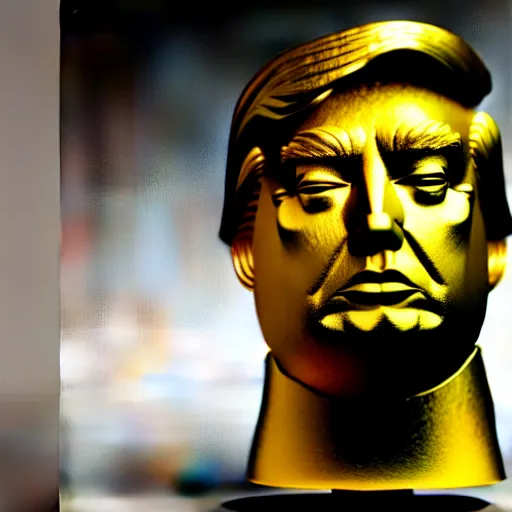 Prompt: a melting golden bust of Donald Trump with drips of molten metal, octane render, unreal engine, fashion magazine photography