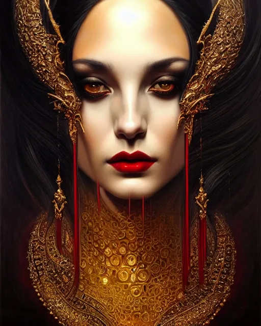 Image similar to portrait of a beautiful goddess, enigmatic beauty, dominant shades of black, gold silver, dark red, white, head in focus, fantasy art, ornamental aesthetics, intricate, elegant, highly detailed, hyperrealistic painting, artstation, concept art, painterly, sharp focus, illustration, art by karol bak