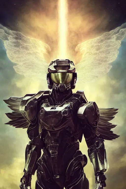 Image similar to portrait of master chief as a one winged angel with a halo behind her, catholic religious art, ornate fractal cloud, sacred, nebula, halo, strong, seductive, imposing, biomechanical, biblical, by moebius and greg rutkowski and artgerm, octane render, trending on artstation