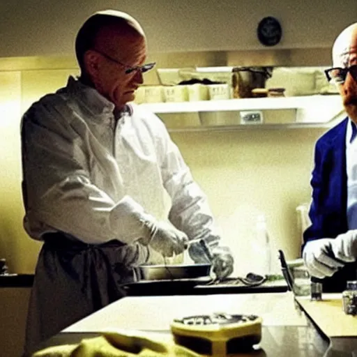 Image similar to “Very photorealistic screenshot of Joe Biden and Walter White cooking drugs in an episode of Breaking Bad, atmospheric lighting, award-winning”