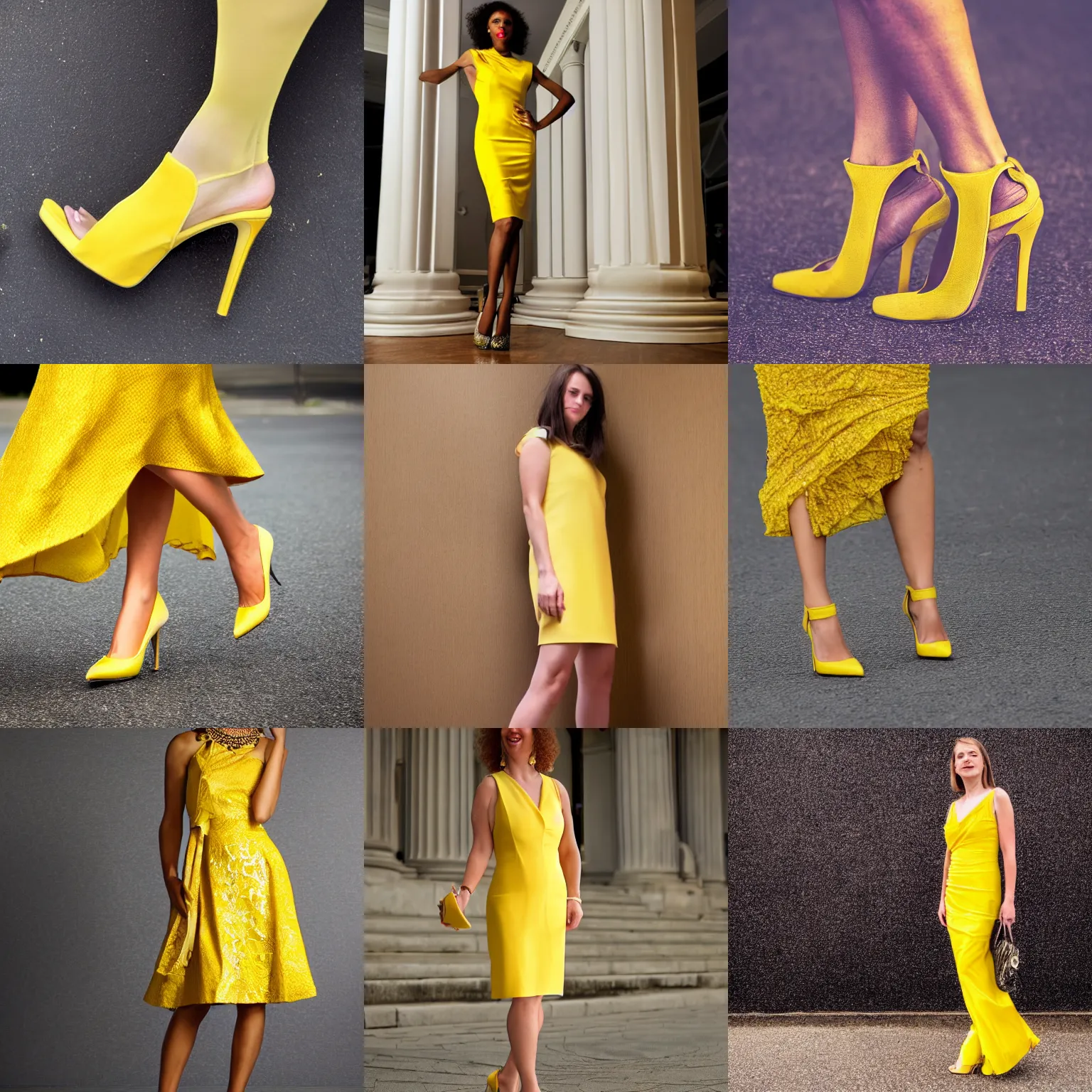 Prompt: photo of an elegant yellow woman's dress with leg visible wearing a high heel