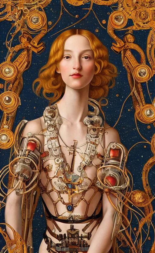 Prompt: beautifully painted mural of a stunning young cyborg muse in ornate linen fabric, transparent linen, space opera, beautiful ornaments, highly detailed, glowing eyes, sci fi setting, vogue cover poses, fashion magazine, mural in the style of sandro botticelli, caravaggio, albrecth durer