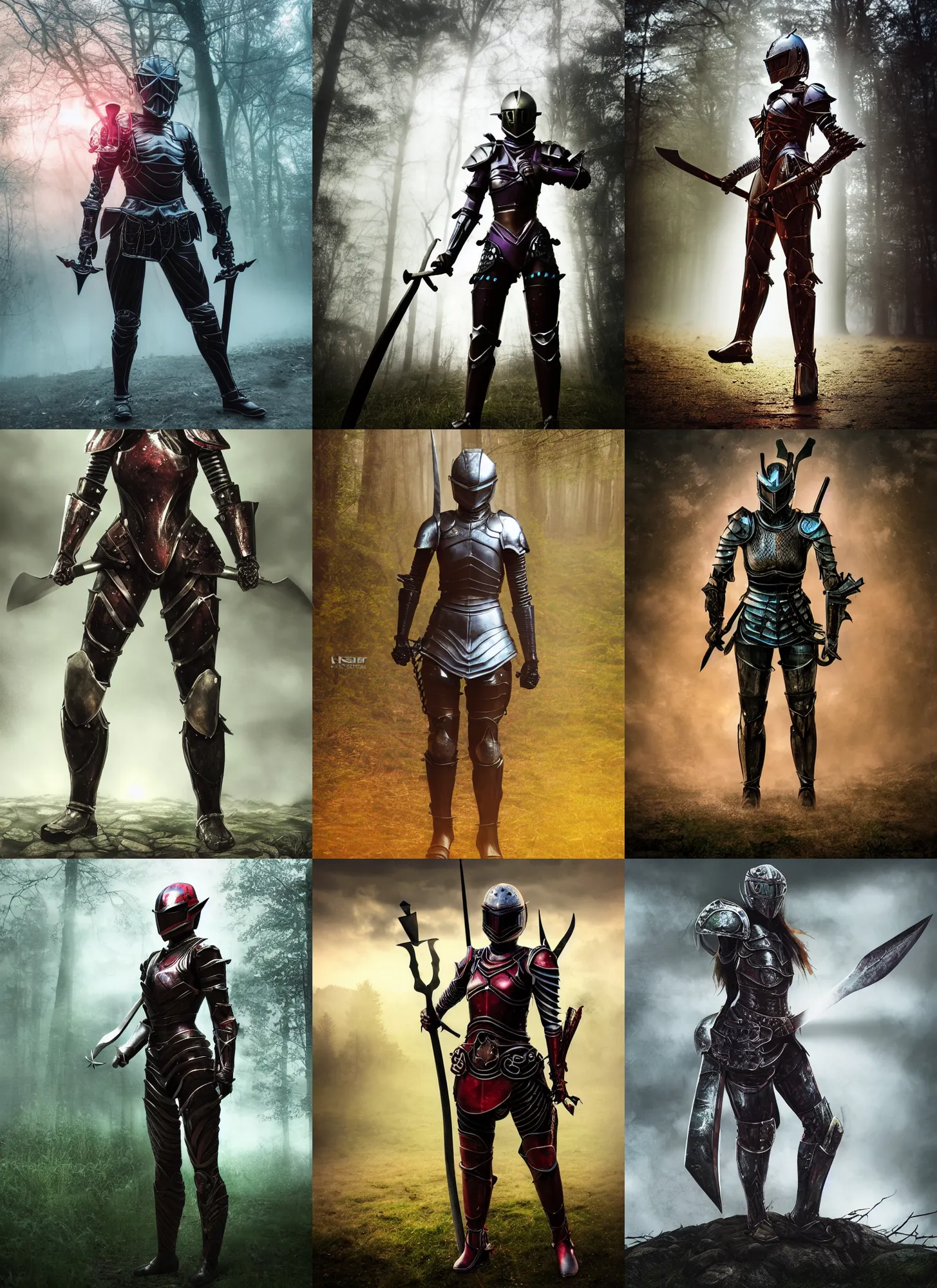 Prompt: muscular helmeted female warrior wielding two swords wearing full body knight!! armor, forest plains of yorkshire, misty forest, elden ring, dark souls, good value control, digital painting, sharp focus, rule of thirds, 4k, knight inspired kamen rider armor, rubber suit, centered, magic hour photography, atmospheric, moody vibrant colors