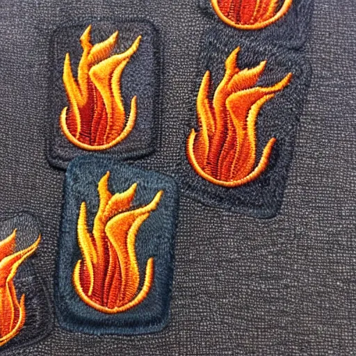 Prompt: flame embroidered patch retro - futuristic design