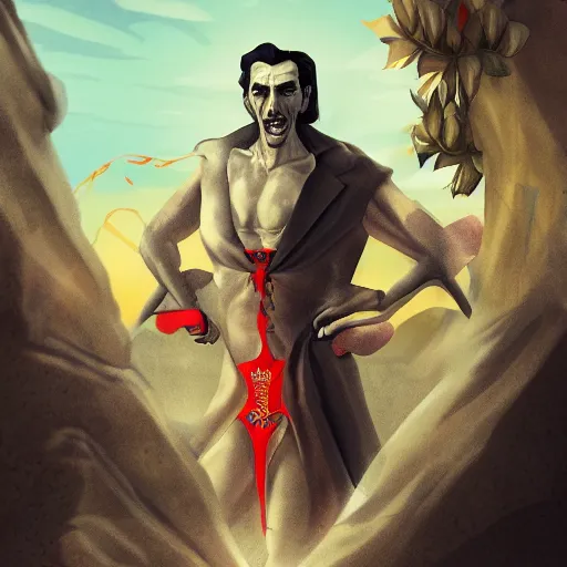 Prompt: dracula suntanning on the beach, digital art, highly detailed, trending on artstation