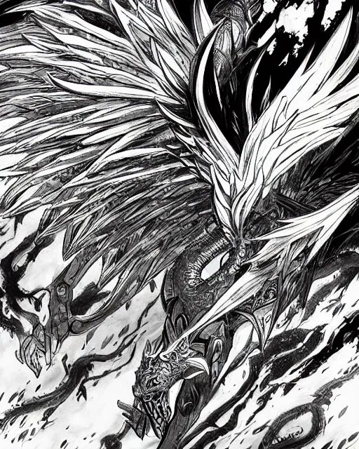 Image similar to A phoenix, black and white, epic, highly detailed, close-up, fantasy art, dragon art, in the style of masami kurumada, illustration, epic, fantasy, intricate, hyper detailed, artstation, concept art, smooth, sharp focus, ray tracing